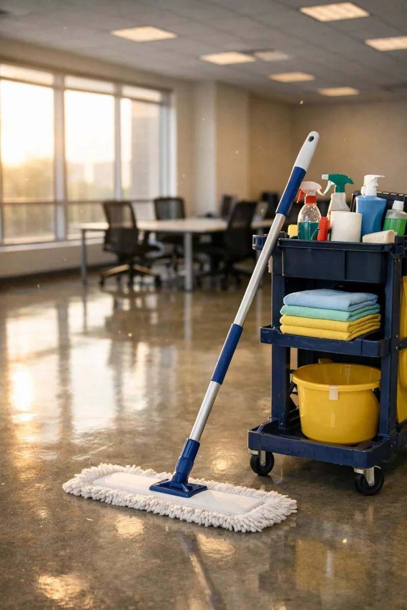 Office cleaner sanitizing a conference table in a Bowie workplace