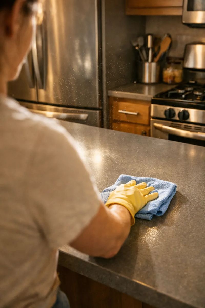 Professional cleaner carefully wiping kitchen counters for a Seabrook customer